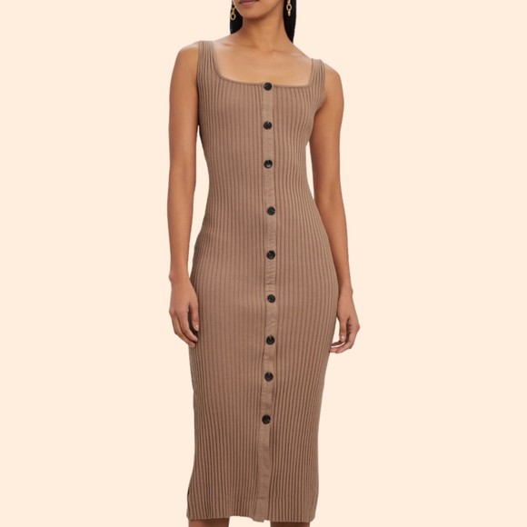 Enza Costa Dresses & Skirts - Enza Costa Ribbed Knit Button Midi Dress Tan